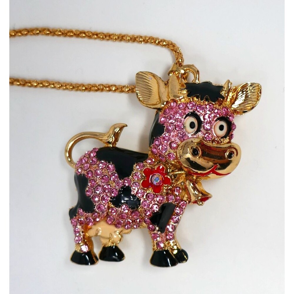 Betsey Johnson Pink Rhinestone Black Enamel Dairy Cow Necklace